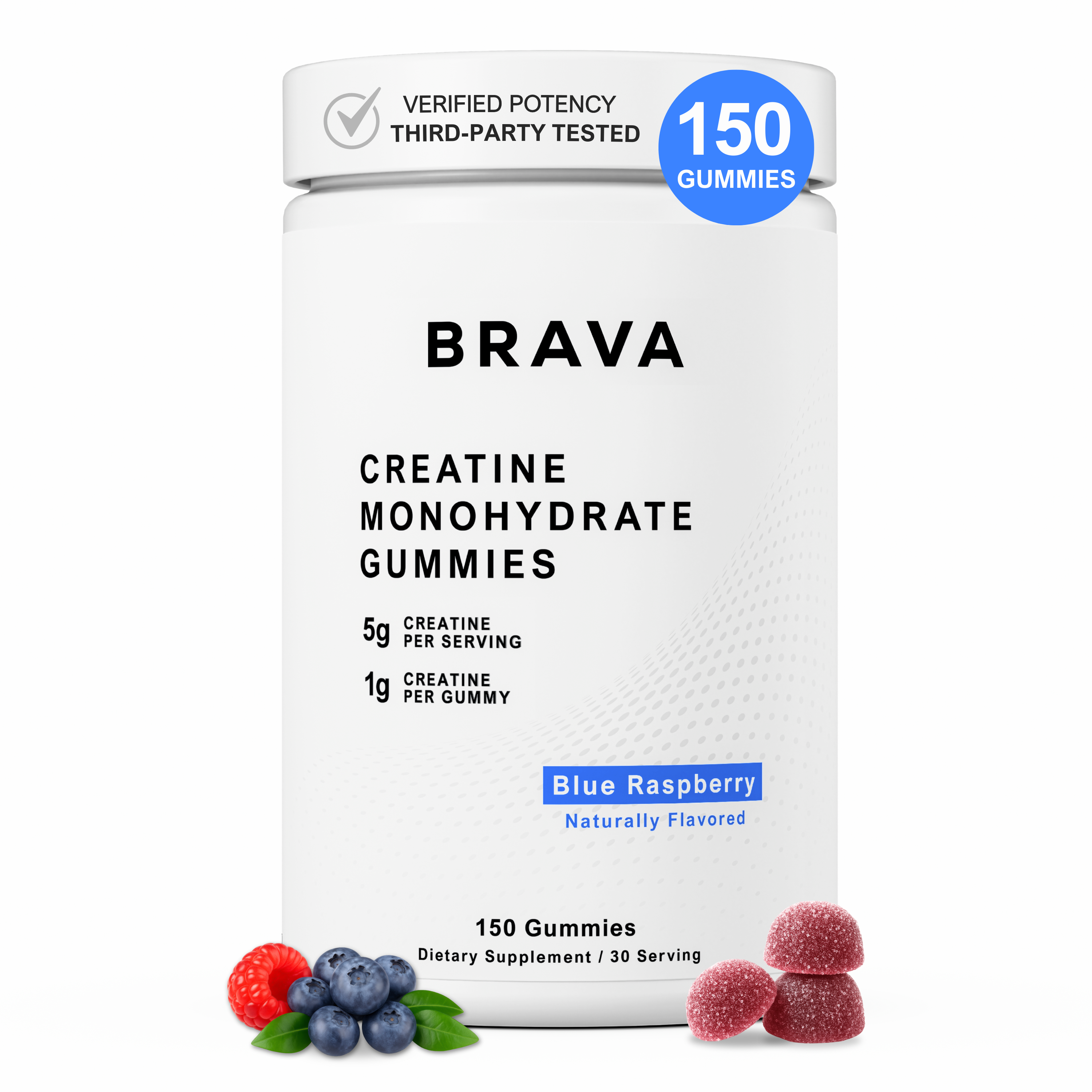 BRAVA Creatine Monohydrate Gummies - Blue Raspberry - 150 Count (30 Servings)