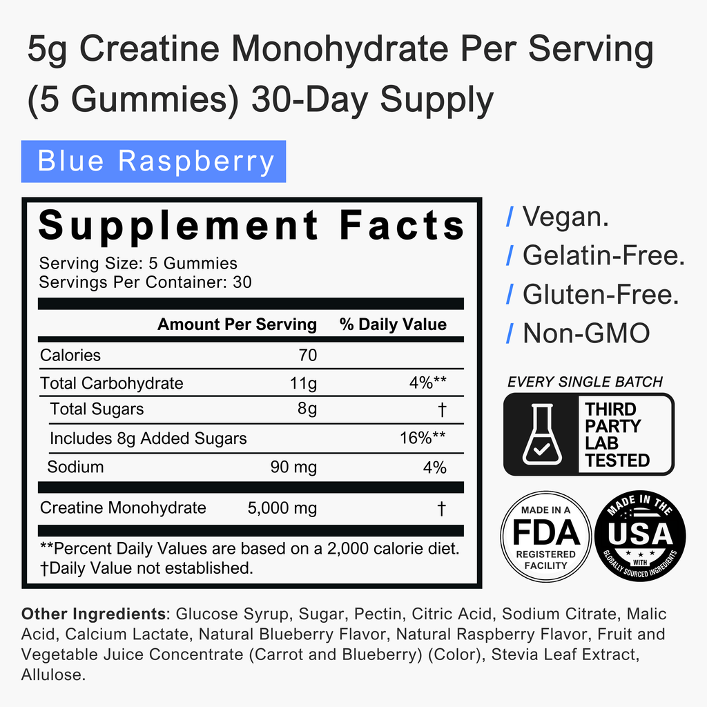 BRAVA Creatine Monohydrate Gummies - Blue Raspberry - 150 Count (30 Servings)